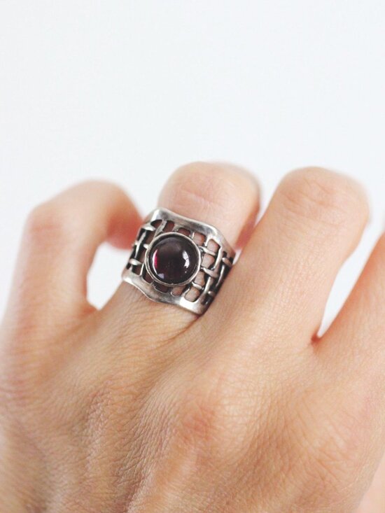 A.S. Israel Jewelry - Modernist Brutalist Sterling Silver Garnet Statement Ring Grid Net A.S. Israel 9